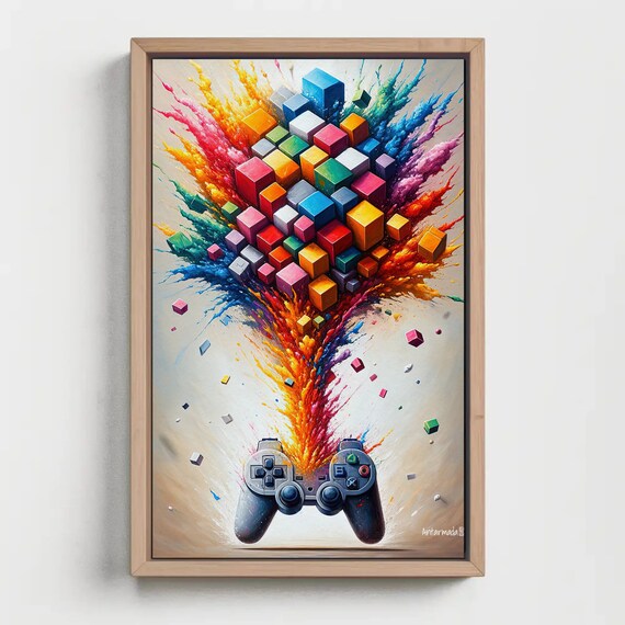 Pixel Cube Explosion Gaming Controller Colorful Game Room Poster