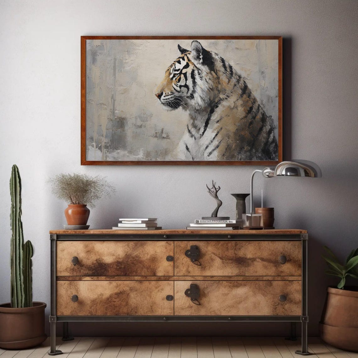 Tiger Profile Portrait in Soft Gray Textured Brushstrokes Poster - Image 2