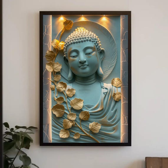 Buddha Statue With Glowing Frame Effect Turquoise Blue Wall Art Framed Indian Spiritual Art For Bedroom Meditation Temple Room