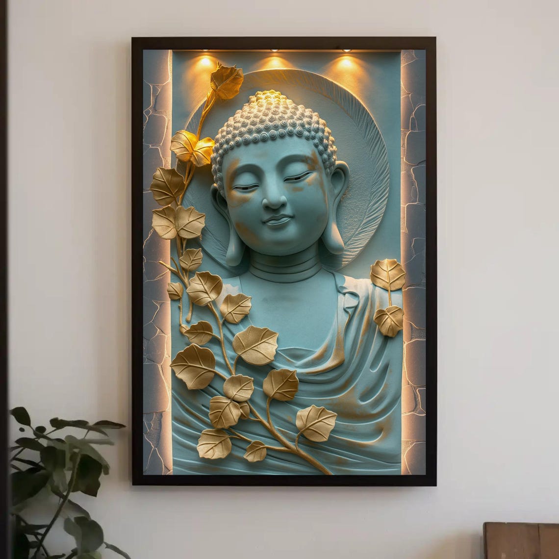 Serene Blue Buddha Bust Adorned With Golden Bodhi Leaves Poster