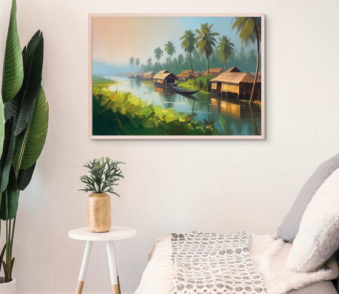 Kerala Backwaters Houseboats Palm Trees Sunrise Scene Poster - Image 3