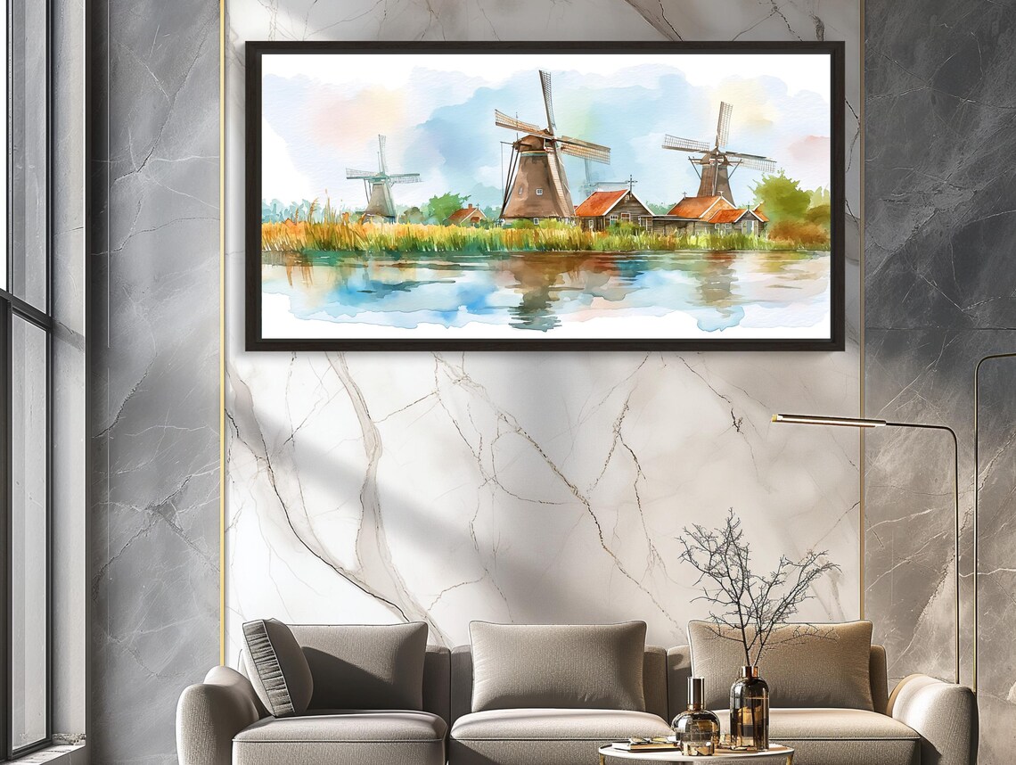 Dutch Countryside Windmills, Netherlands Landscape Print - Image 2