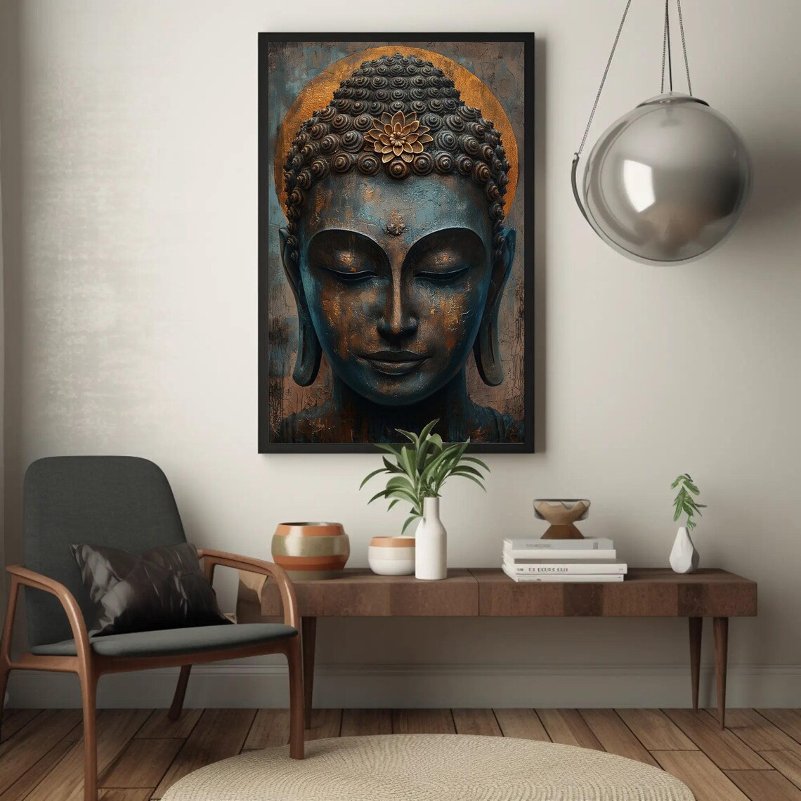 Bronze Buddha Head With Golden Halo Lotus Spiritual Wall Poster - Image 5