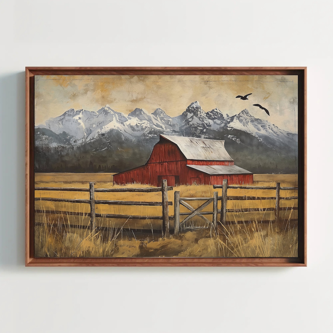 Red Barn In Golden Field Under Snowcapped Peaks Farm Art Poster