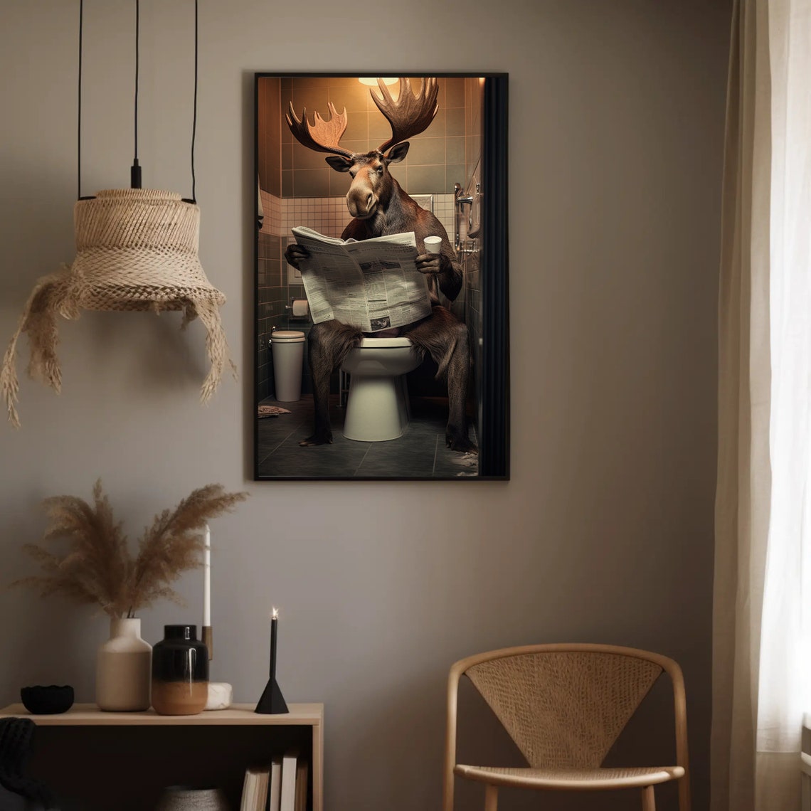 Funny Moose Reading Newspaper Sitting on Toilet Bathroom Humor Poster - Image 2