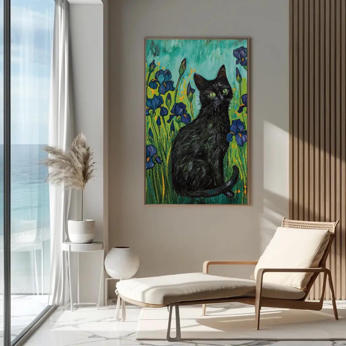 Black Cat Sitting Among Purple Irises Van Gogh Style Cute Pet Poster - Image 4