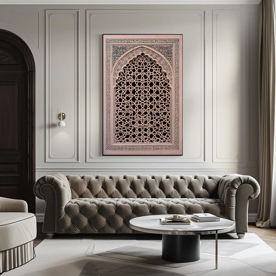 Blush Pink Jaali Lattice Window with Islamic Geometry Art Poster - Image 4