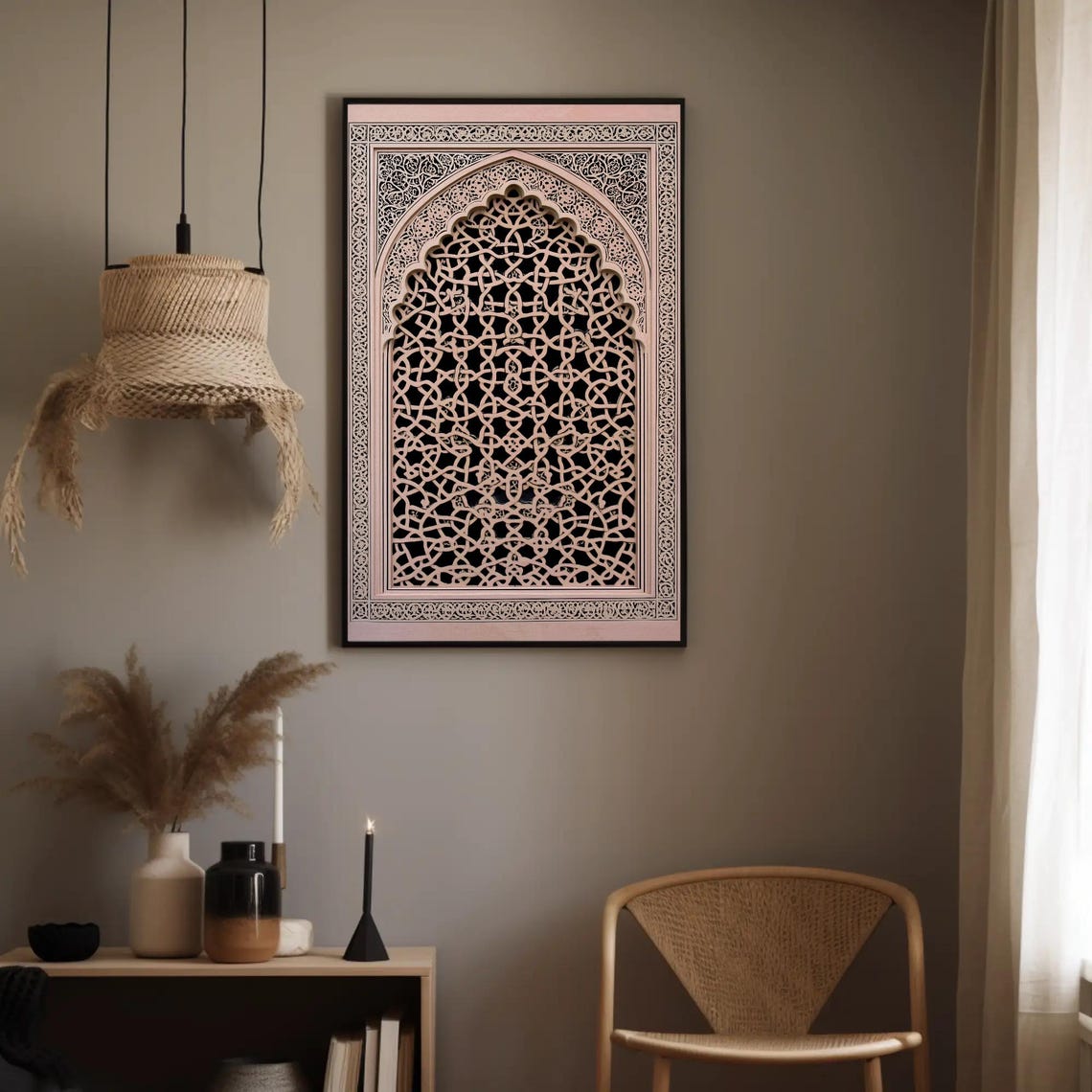 Blush Pink Jaali Lattice Window with Islamic Geometry Art Poster - Image 2