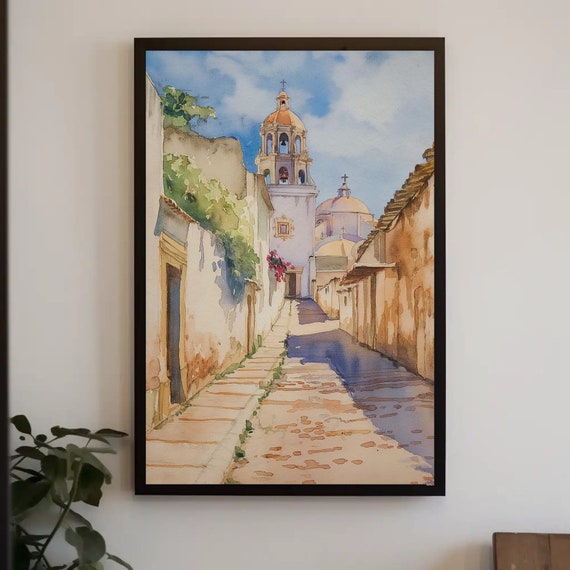Old Town Street Mexican Watercolor Print Framed Wall Art Mexican Wall Art Mexican Home Decor Mexican Painting Mexican Poster