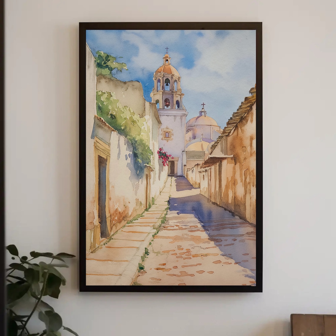 Old Mexican Town Watercolor Street Church Scene Painting Poster