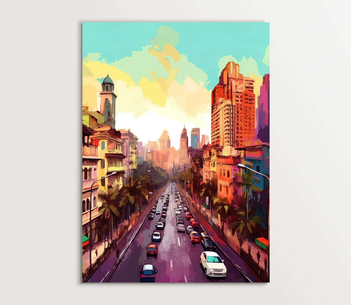 Mumbai Landscape Print Mumabi Painting Bombay Wall Art Indian Decor Indian Painting Mumbai Travel Poster India Art Indian Print