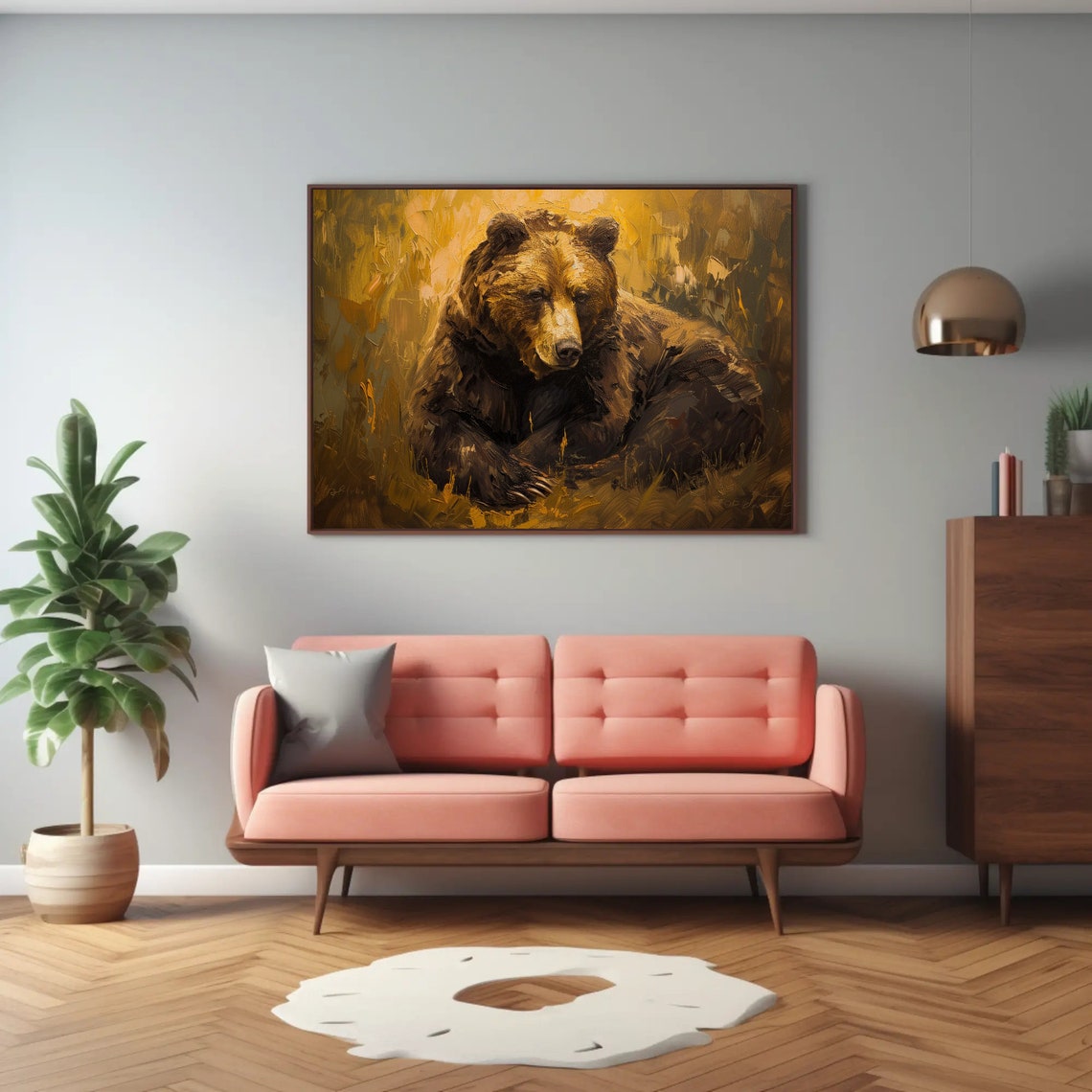 Brown Bear Resting Golden Grass Impasto Wildlife Painting Poster - Image 3