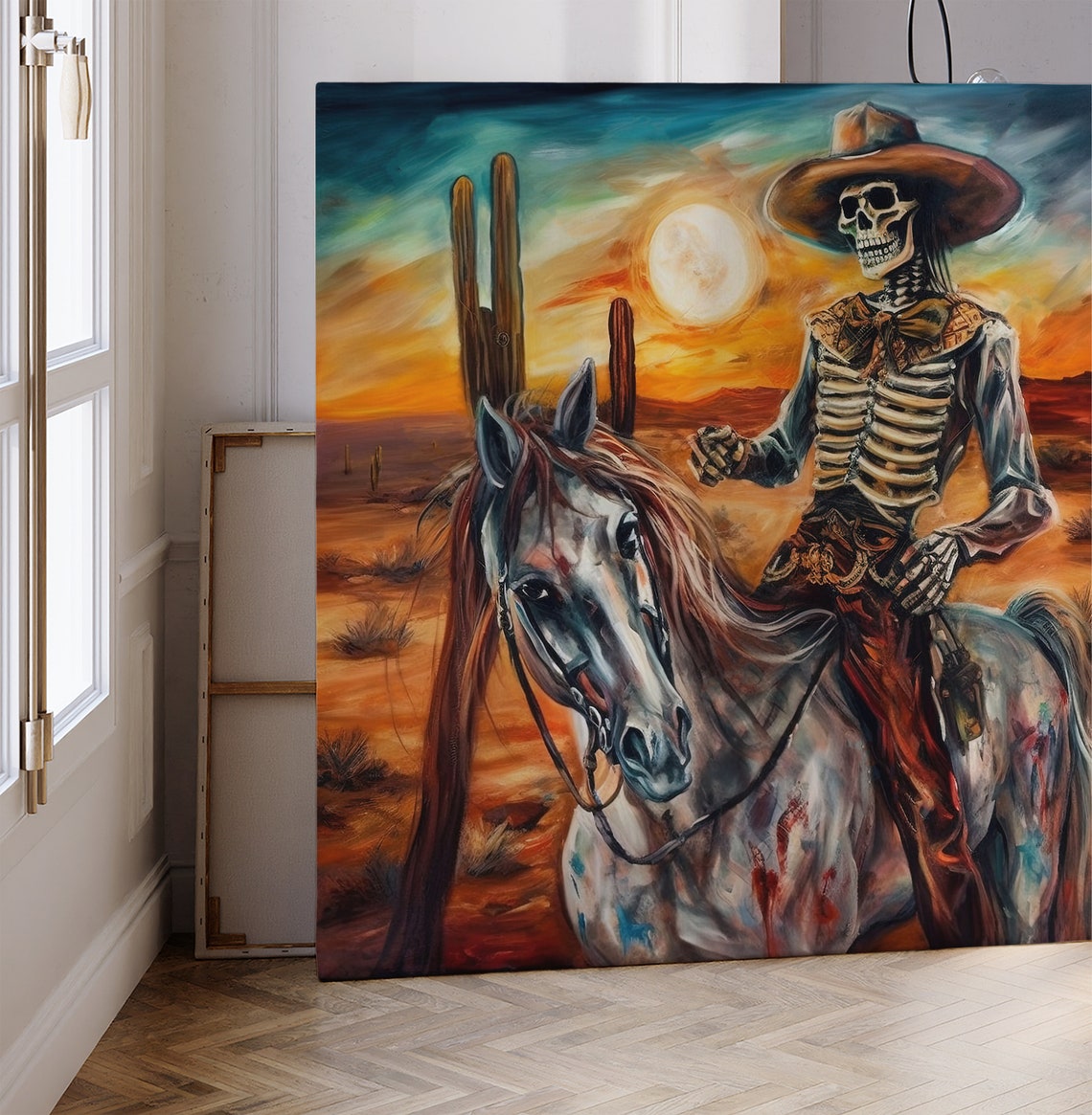 Skeleton Cowboy Riding a White Horse Through Desert Sunset Poster - Image 4