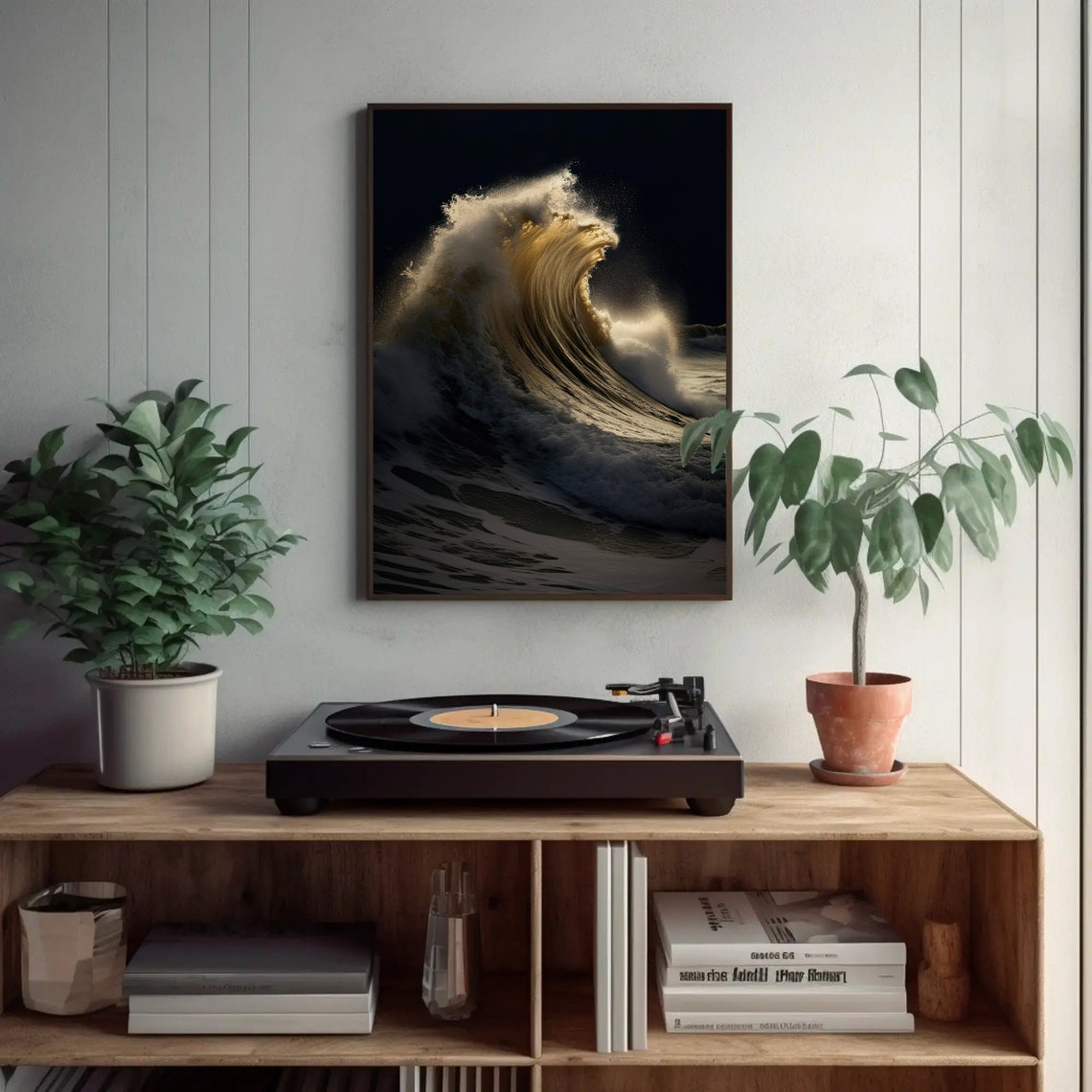 Golden Night Wave Black Background Dramatic Ocean Art Poster - Image 2