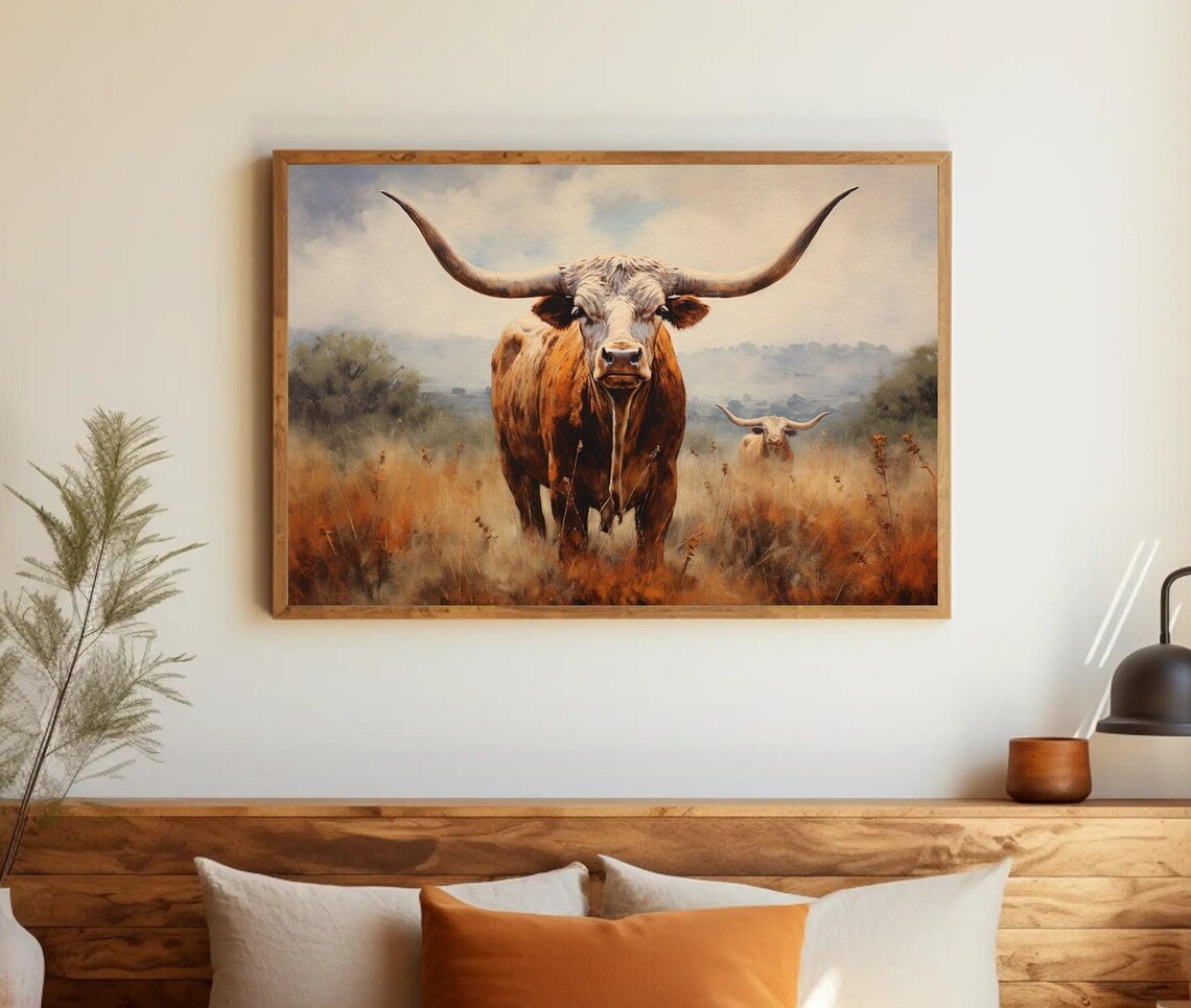 Majestic Texas Longhorn Bull Standing in Golden Prairie Field Poster - Image 5