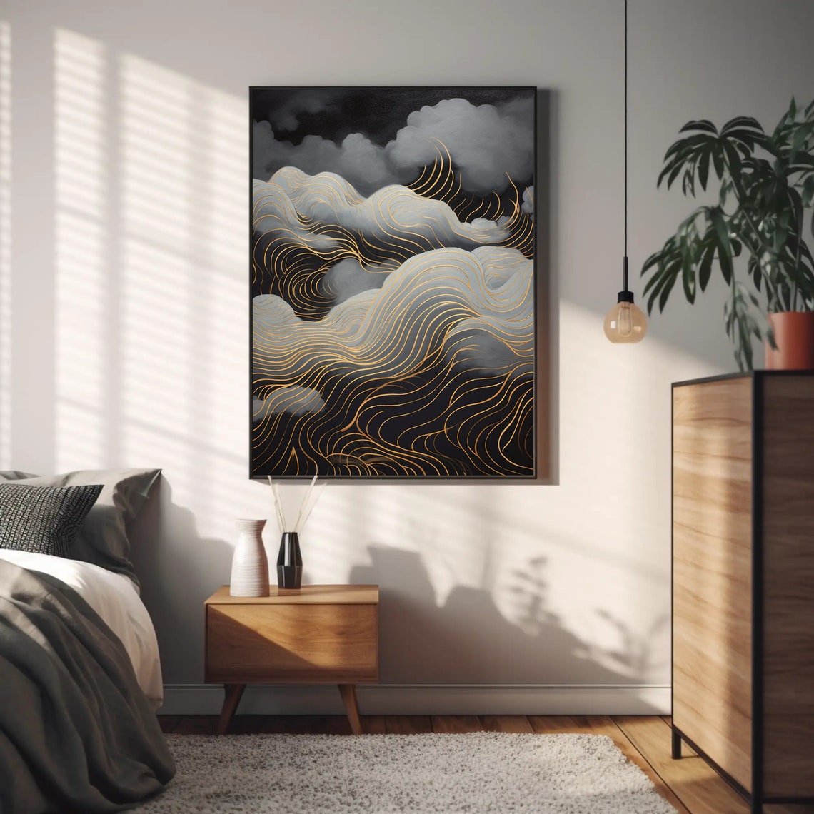 Dark Storm Clouds Golden Line Waves Moody Abstract Art Poster - Image 5