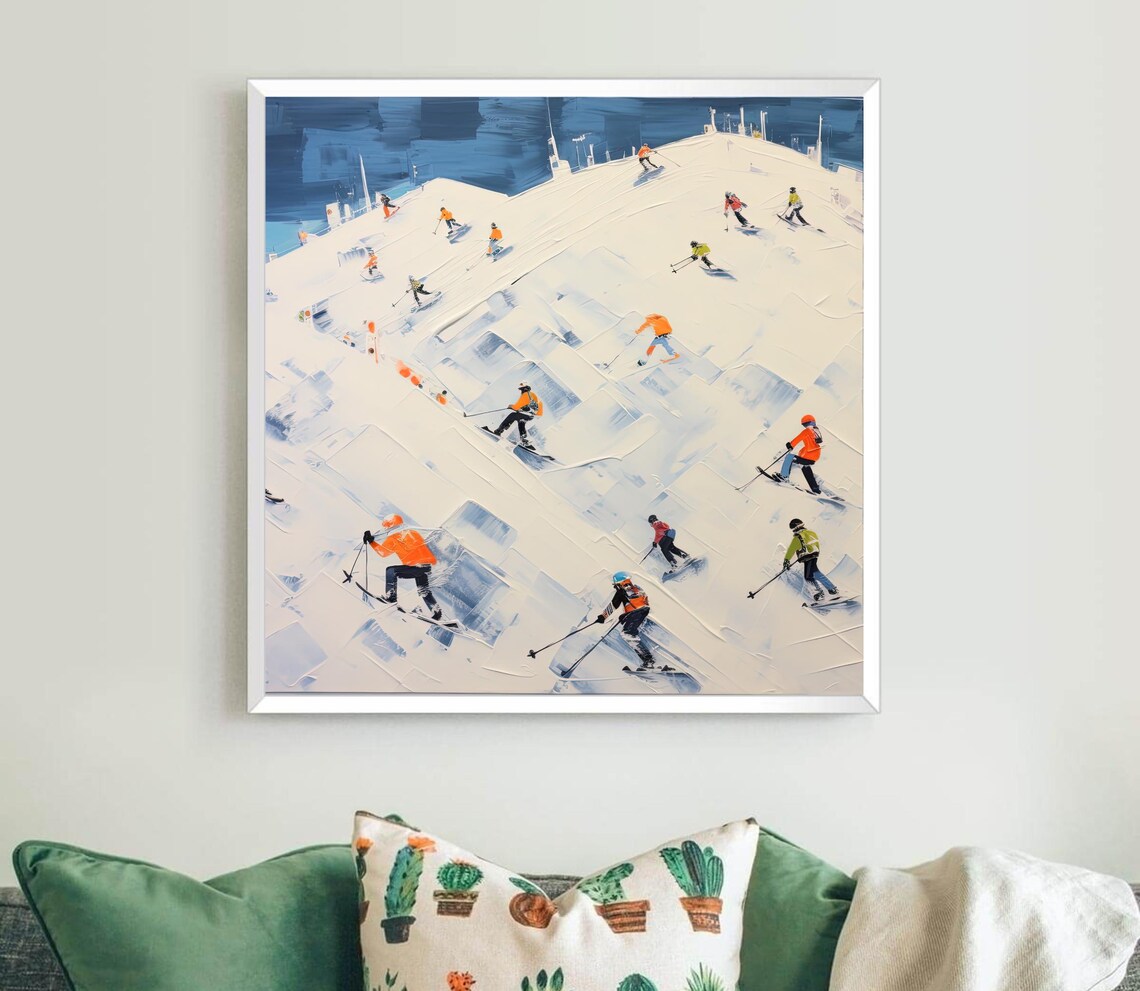Skiers Descending Snowy Slope Abstract Winter Sports Scene Poster - Image 5