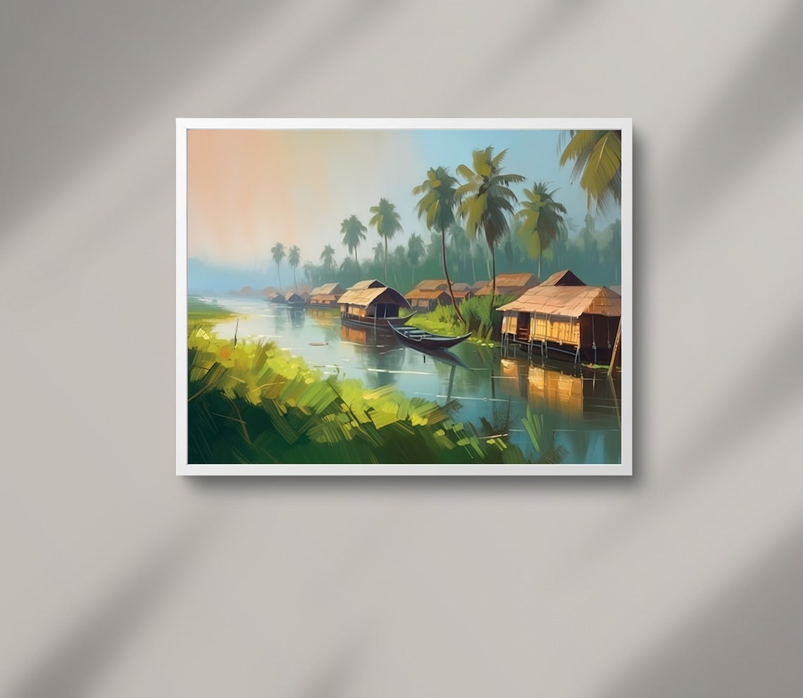 Kerala Backwaters Houseboats Palm Trees Sunrise Scene Poster - Image 2