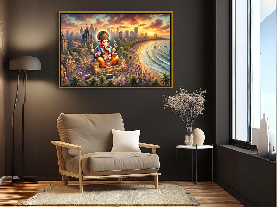 Ananta Chaturdashi Scene Print Ganesh Chaturdashi Wall Art Indian God Painting Traditional Hindu Festival Decor Ready To Hang - Image 3