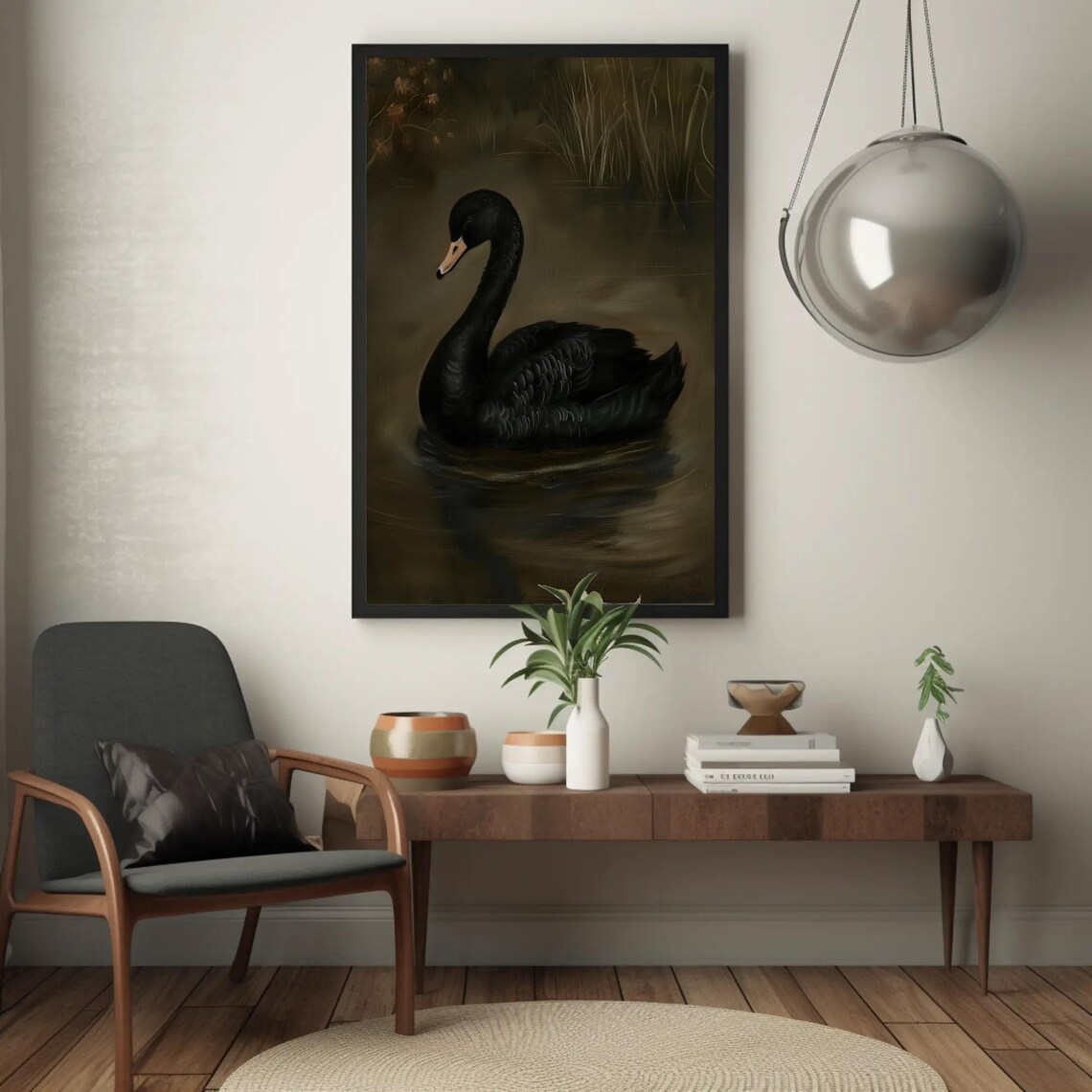 Solitary Black Swan Gliding On Dark Water Moody Oil Painting Poster - Image 5