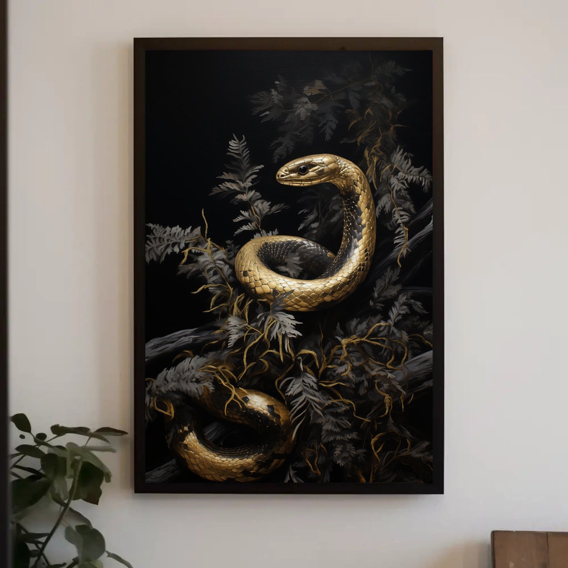 Golden Snake Coiled in Dark Ferns Dramatic Wildlife Art Poster
