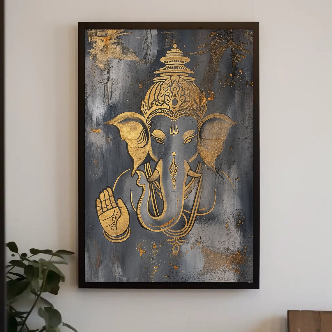 Gold and Gray Ganesha Face Abstract Painting Spiritual Wall Poster