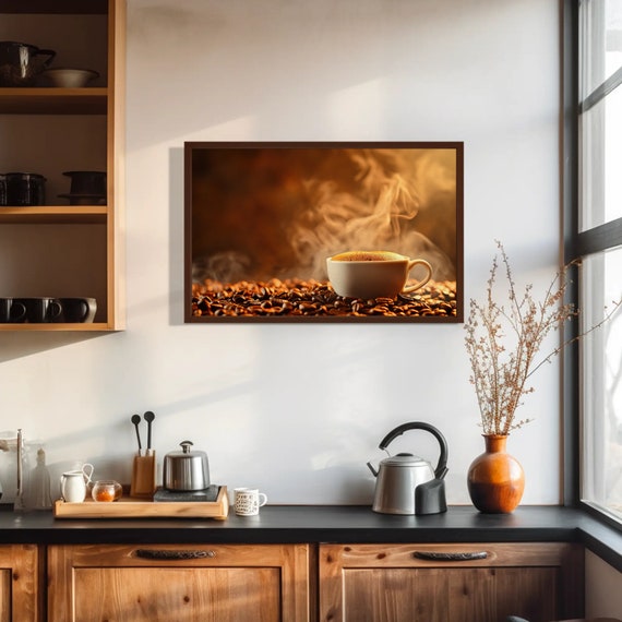 Brown Coffee Cup Print For Kitchen Or Cafe Coffee Beans Hot Coffee Painting Wall Art Ready To Hang