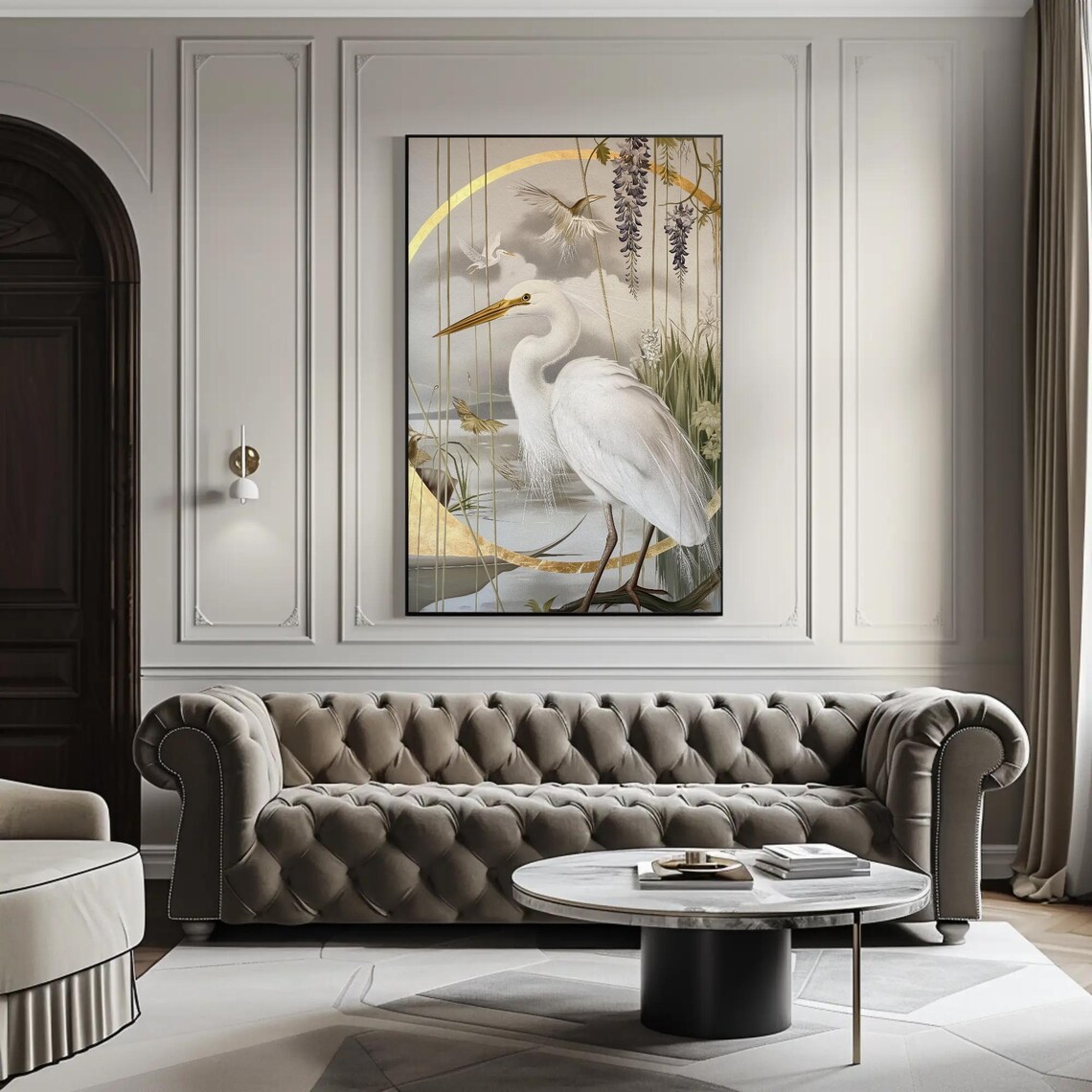 White Egret Watercolor Poster With Gold Accents and Wisteria Flowers - Image 4