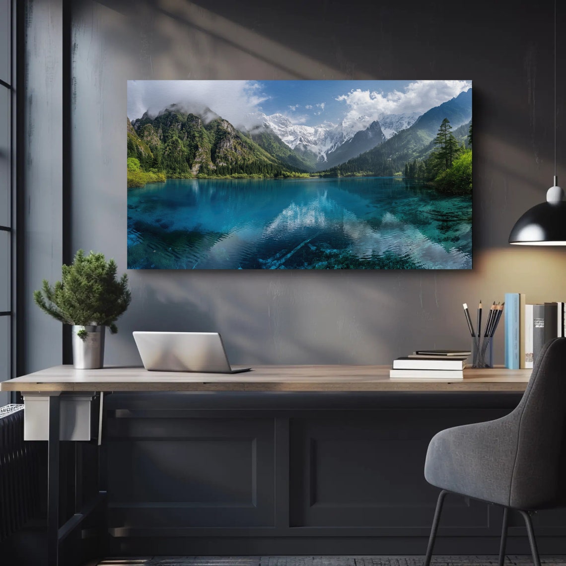 Turquoise Mountain Lake with Snow Peak Reflections Scenic View Poster - Image 4