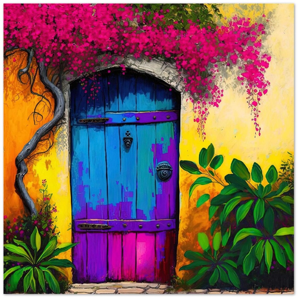 Colorful Mexican Blue Wooden Door Bougainvillea Flowers Scene Poster - Image 3