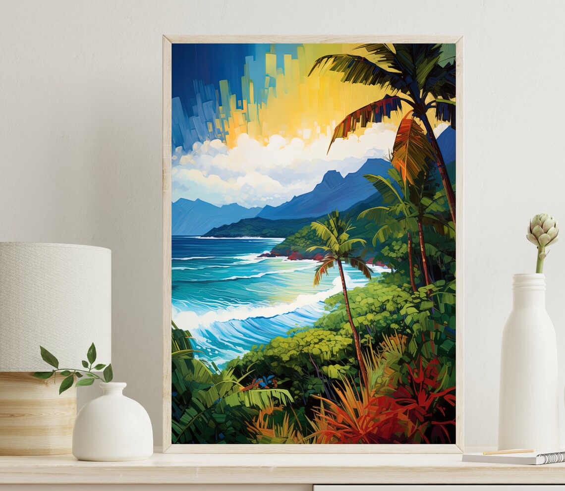 Kauai Hawaii Tropical Coast Palm Trees Mountains Ocean Travel Poster