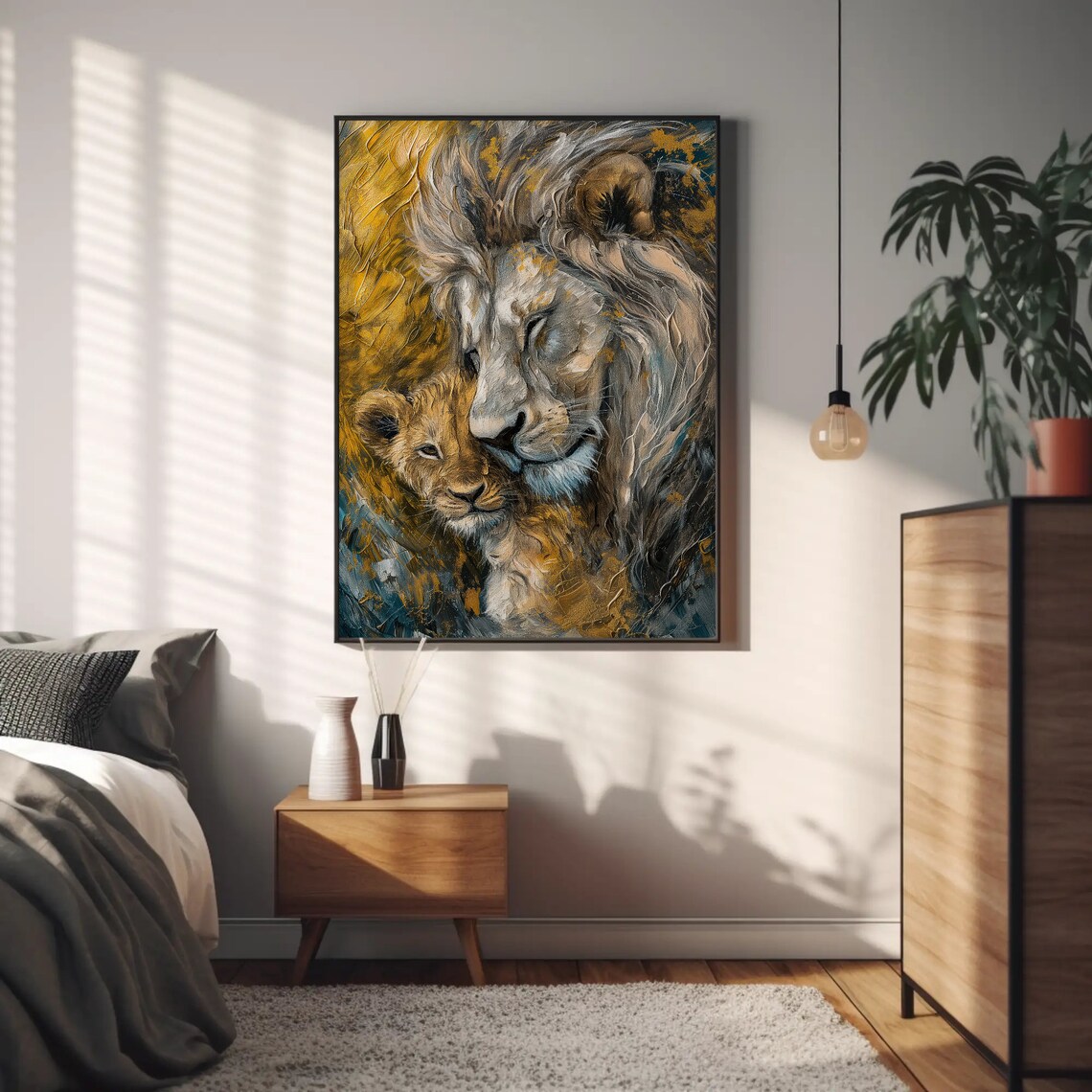 Father Lion Nuzzling Cub Tender Oil Painting Wildlife Wall Poster - Image 2