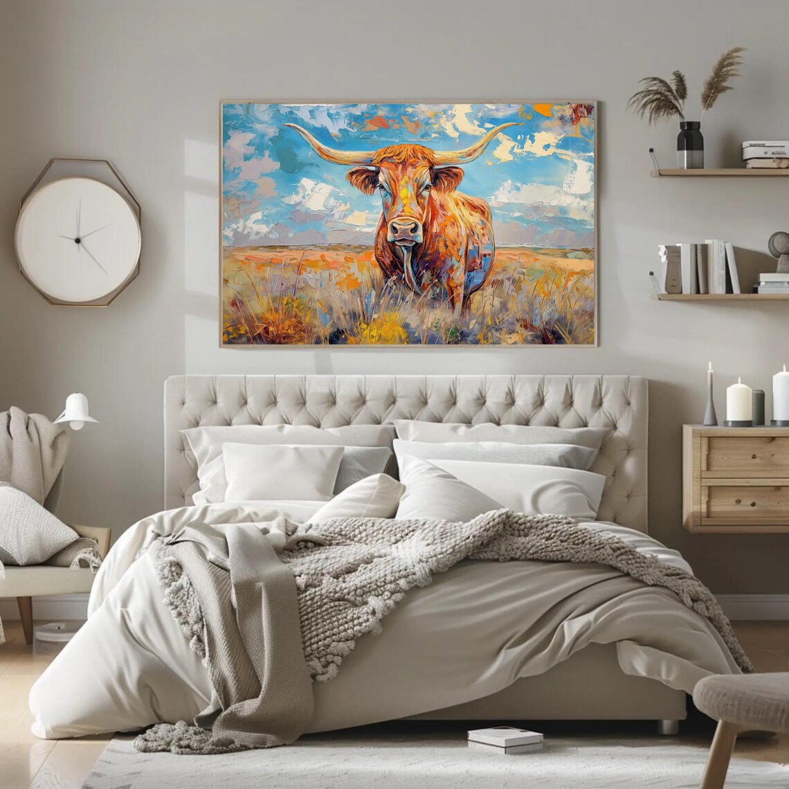 Texas Longhorn In A Field, Rustic Western Wall Art Print - Image 2