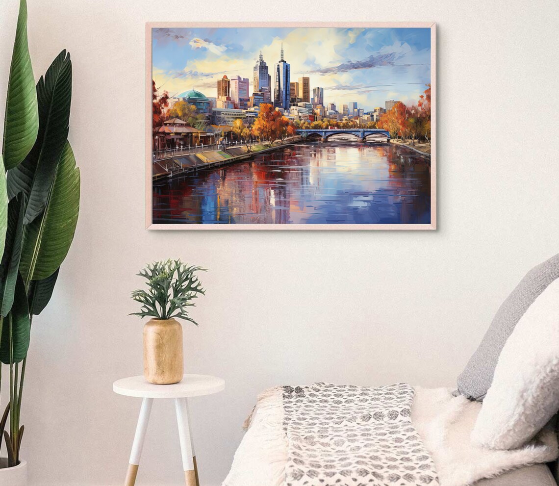 Melbourne Australia City Skyline and River in Autumn Hues Poster - Image 4