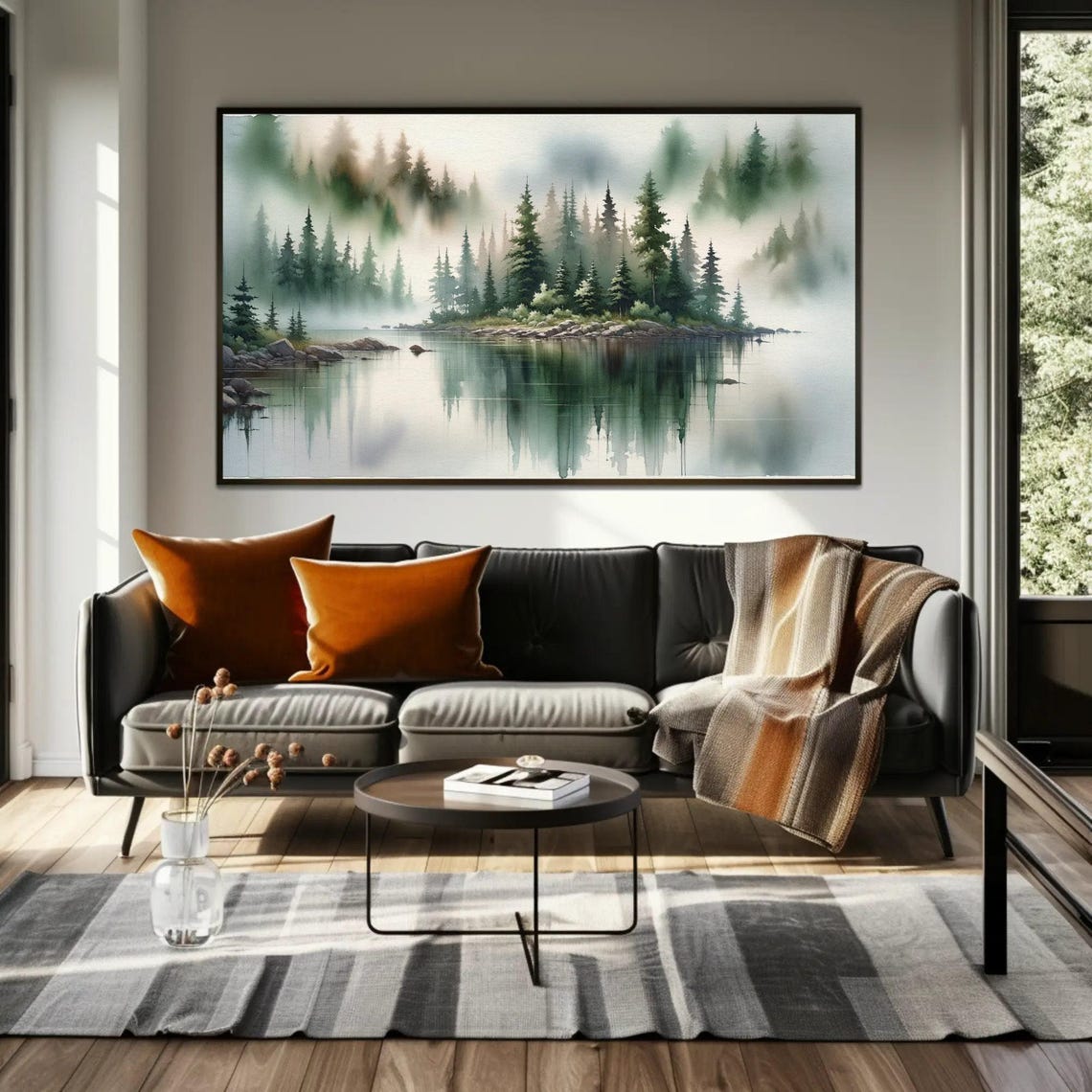 Misty Lake With Pine Island Reflection Watercolor Nature Poster - Image 5