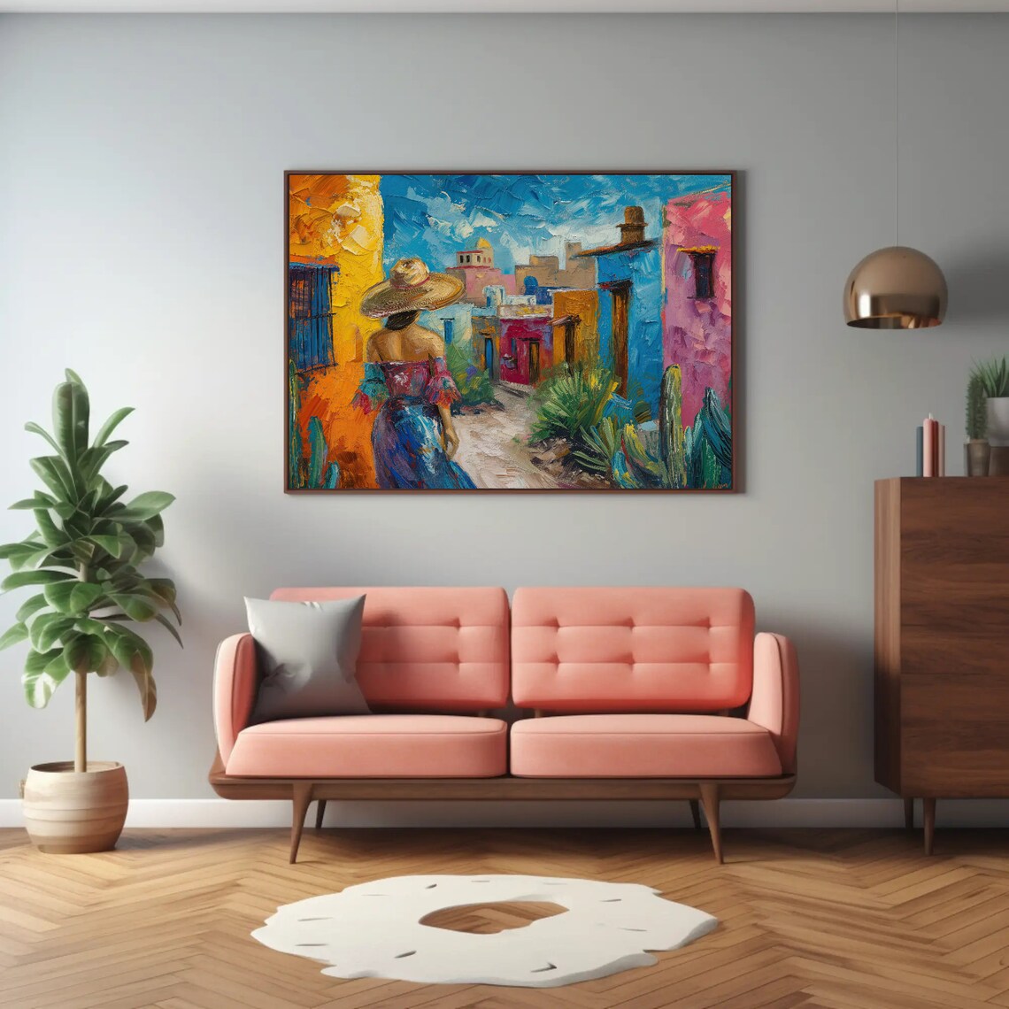 Mexican Woman Sombrero Colorful Village Street Oil Painting Poster - Image 2