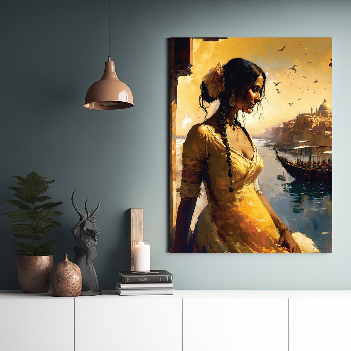 Indian Woman Overlooking Golden River Harbor Painting Poster - Image 4