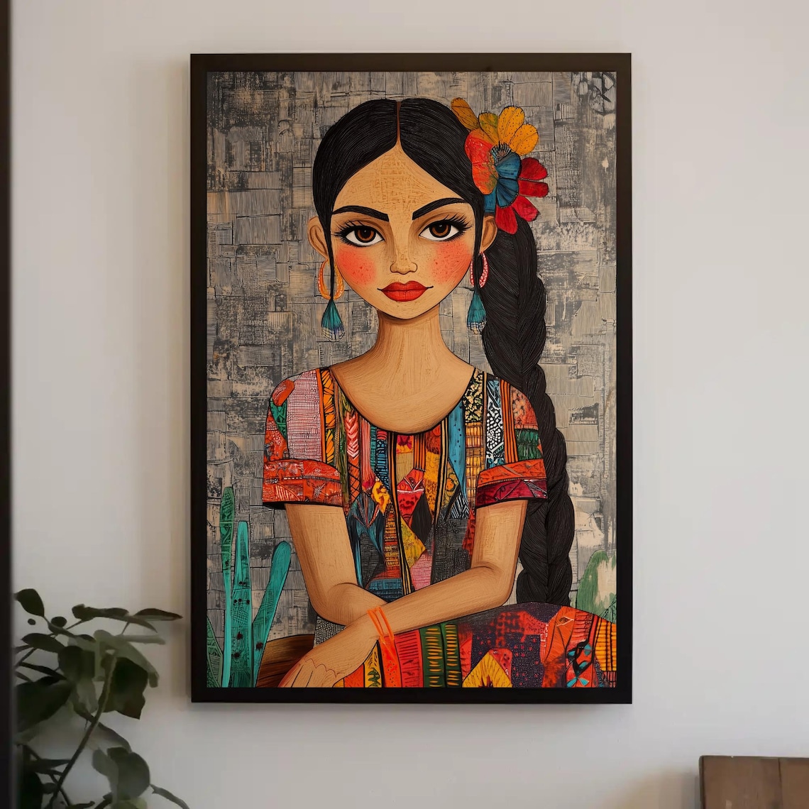 Mexican Girl Folk Art Portrait Vibrant Embroidered Dress Poster