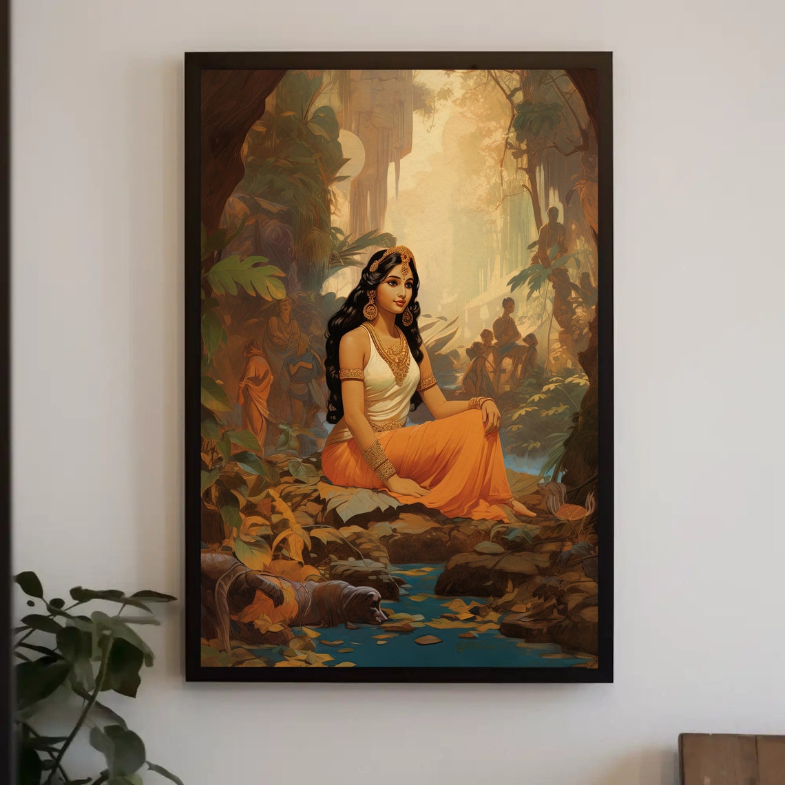 Large Indian Beauty in Jungle Warm Golden Figurative Art Print