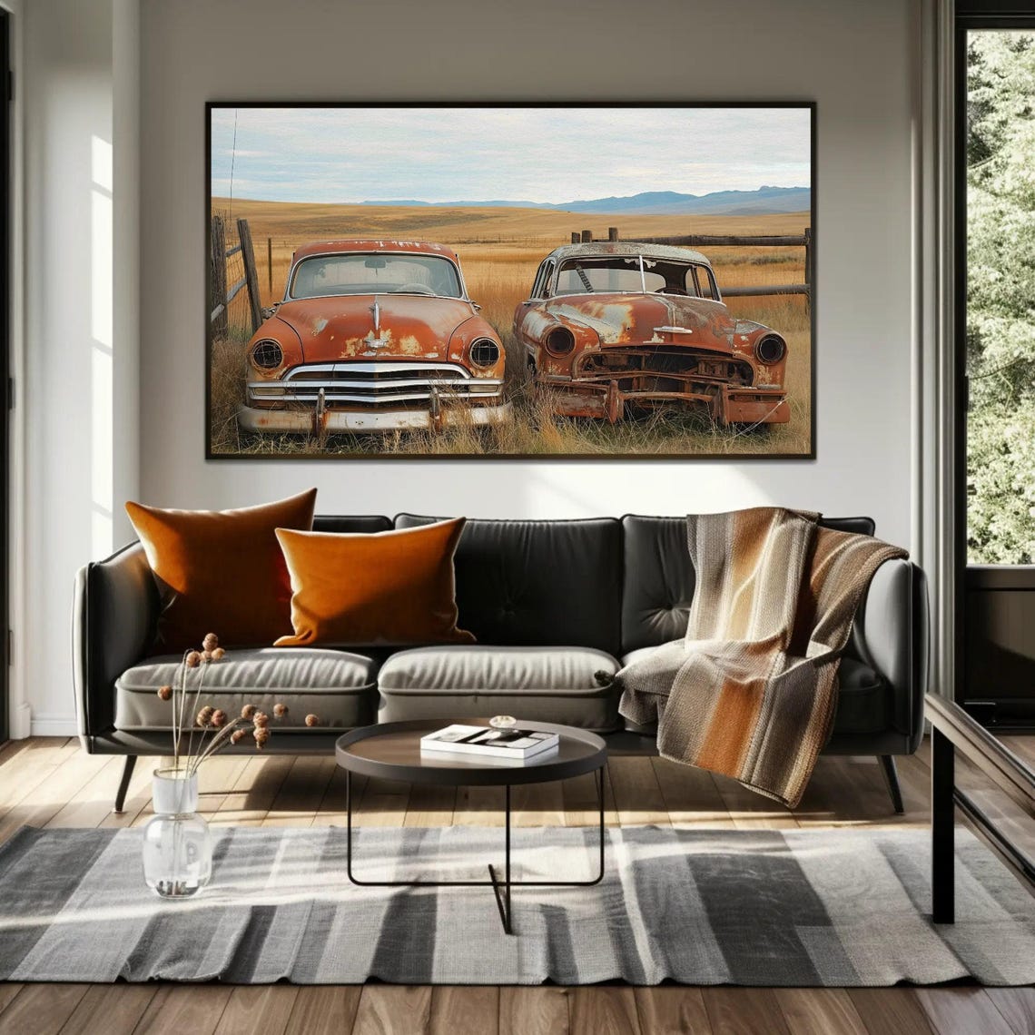 Two Rusty Vintage Sedans In Golden Field Classic Automotive Poster - Image 2