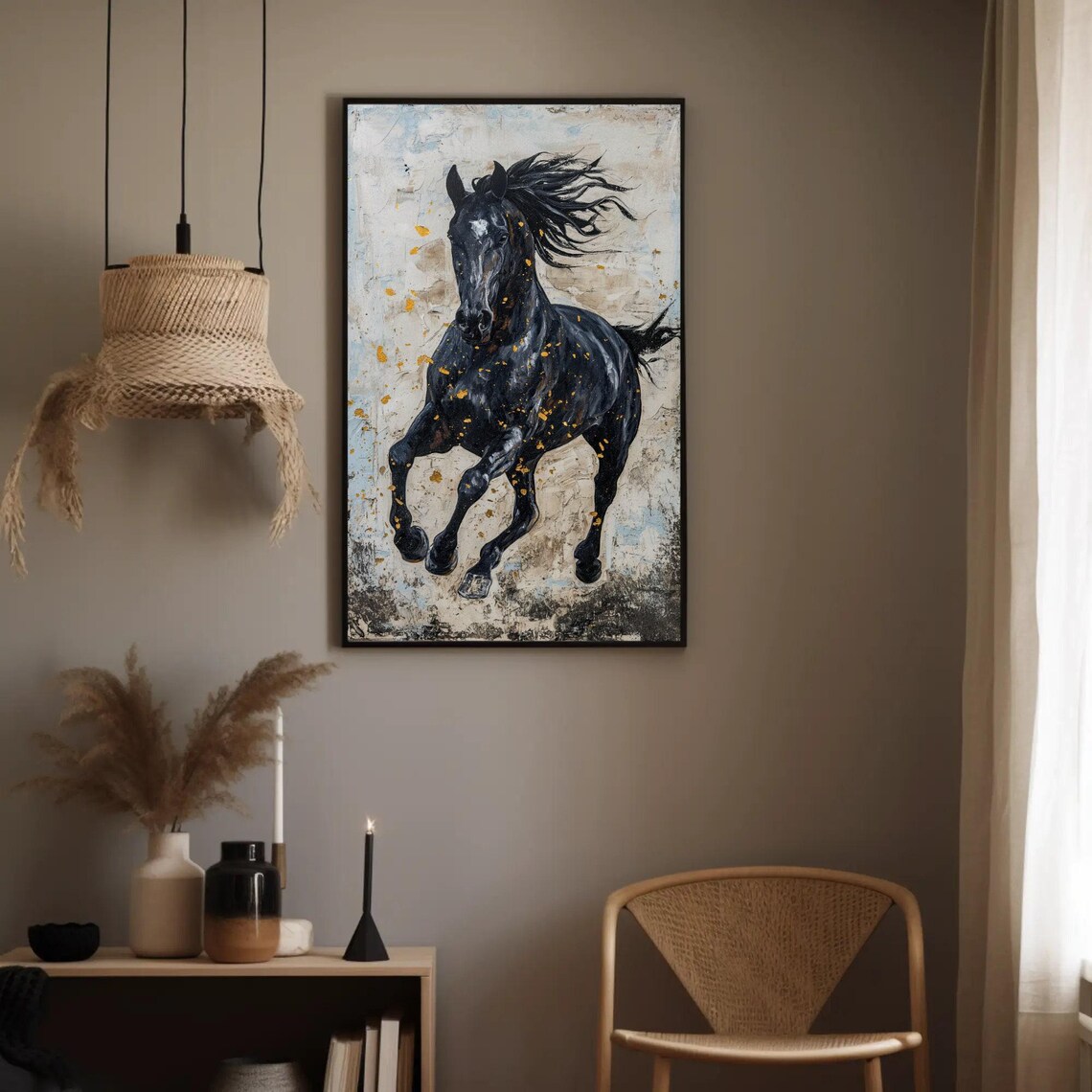 Black Stallion Galloping With Gold Flecks Abstract Horse Art Poster - Image 5
