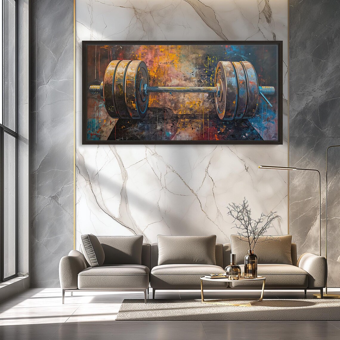 Heavy Barbell Grunge Painting For Home Gym Motivation Wall Art - Image 2
