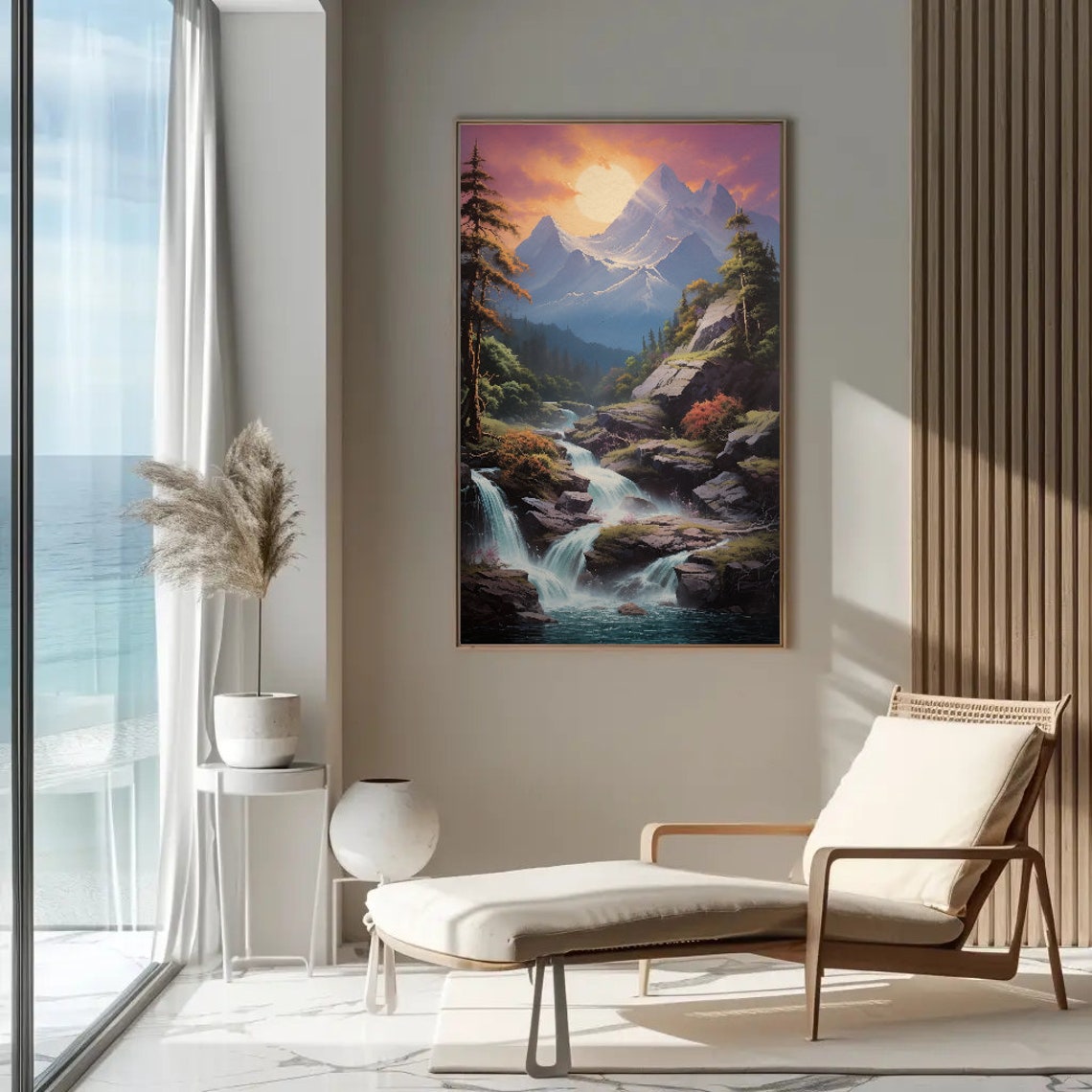 Mountain Sunset Waterfall Wall Art Vertical Forest Landscape Print Nature Decor For Living Room Bedroom Office - Image 2