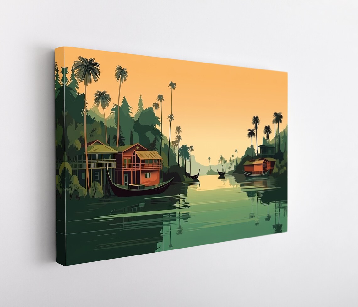 Kerala Backwaters Sunset Houseboats Palm Silhouettes India Art Poster - Image 5
