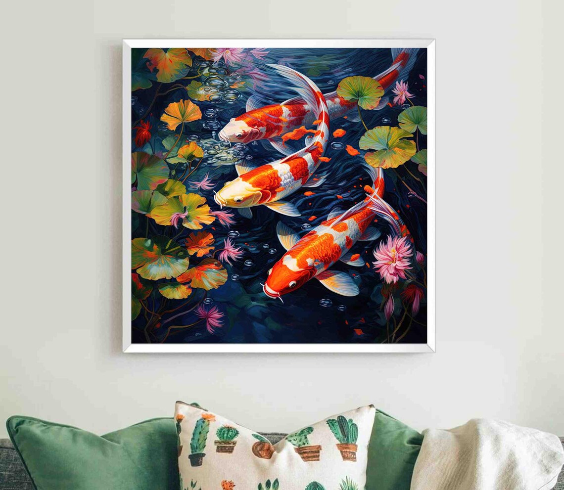Three Colorful Koi Fish Among Lotus Lily Pads Oil Painting Poster - Image 5