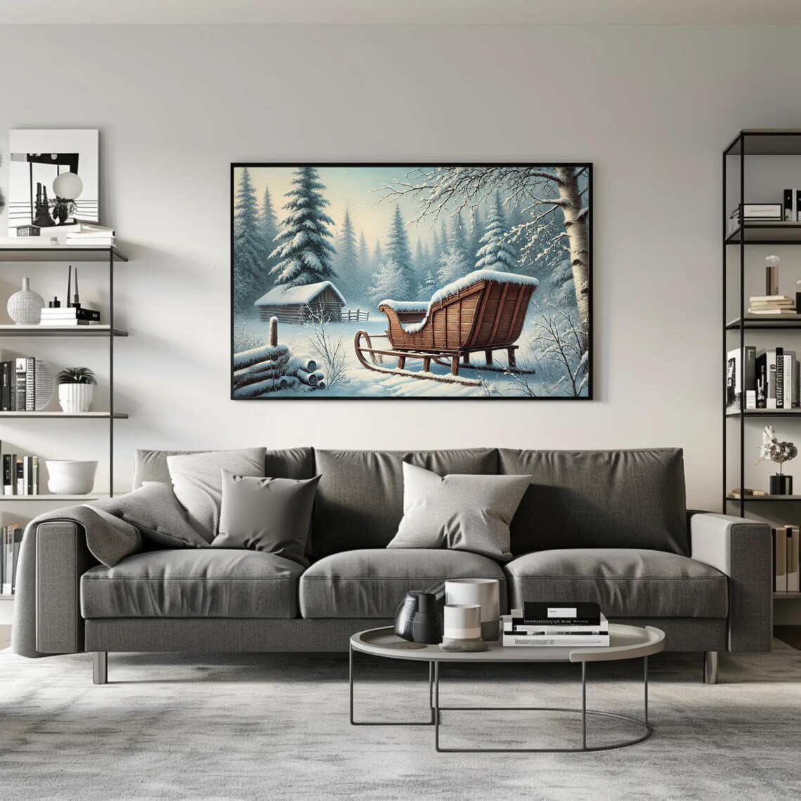 Vintage Wooden Sleigh In A Snowy Forest Cabin Winter Scene Poster - Image 5