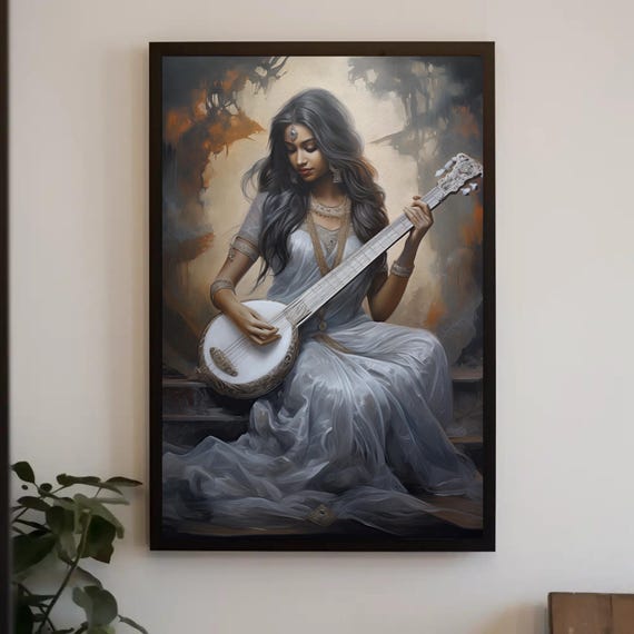 Indian Princess Playing Sitar Music Lover Wall Art Classical Music Indian Folk Art Indian Painting Beautiful Modern Indian Wall Decor Gift