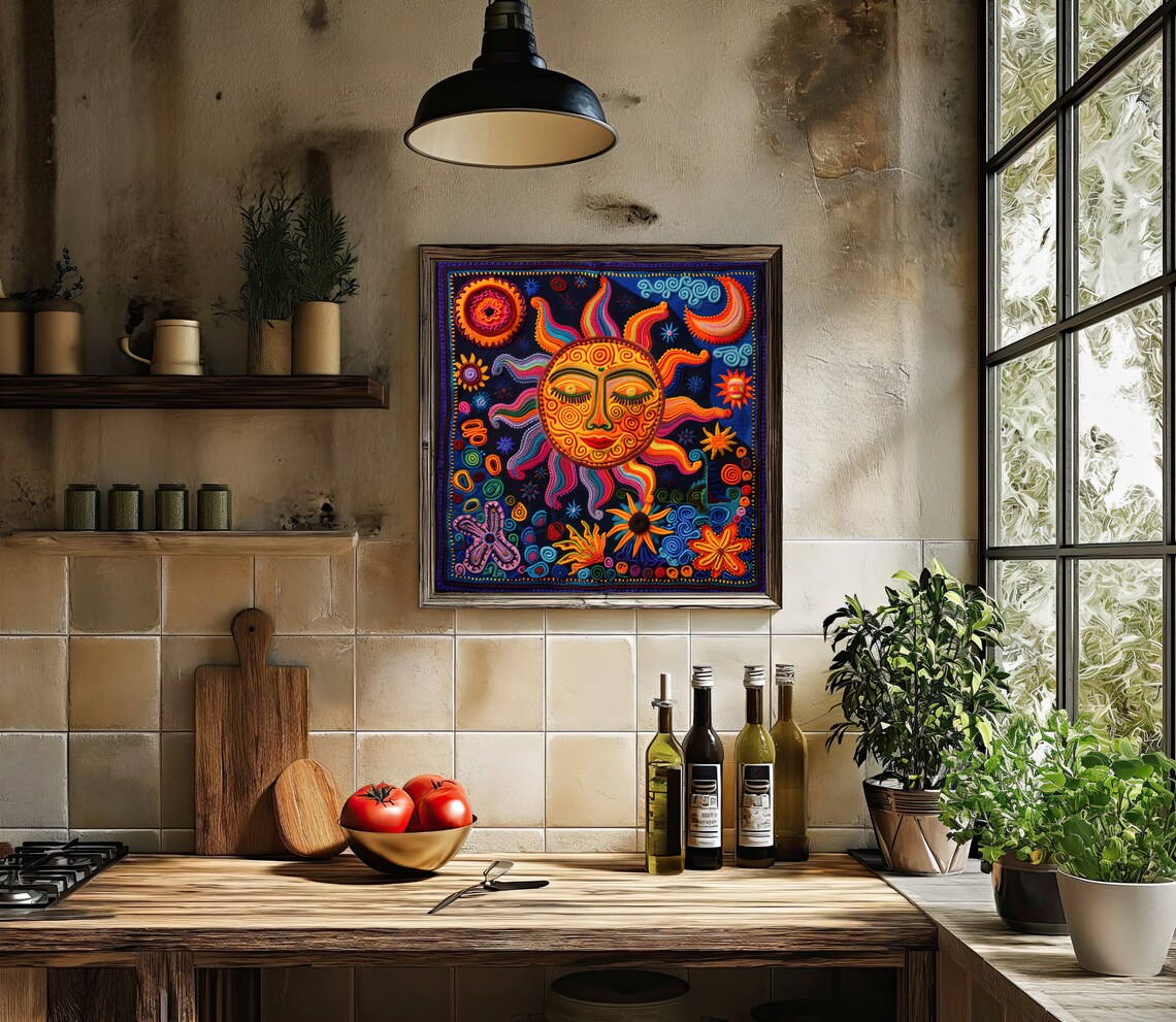 Smiling Sun Face Huichol Yarn Art Poster on Midnight Blue Background - Image 4