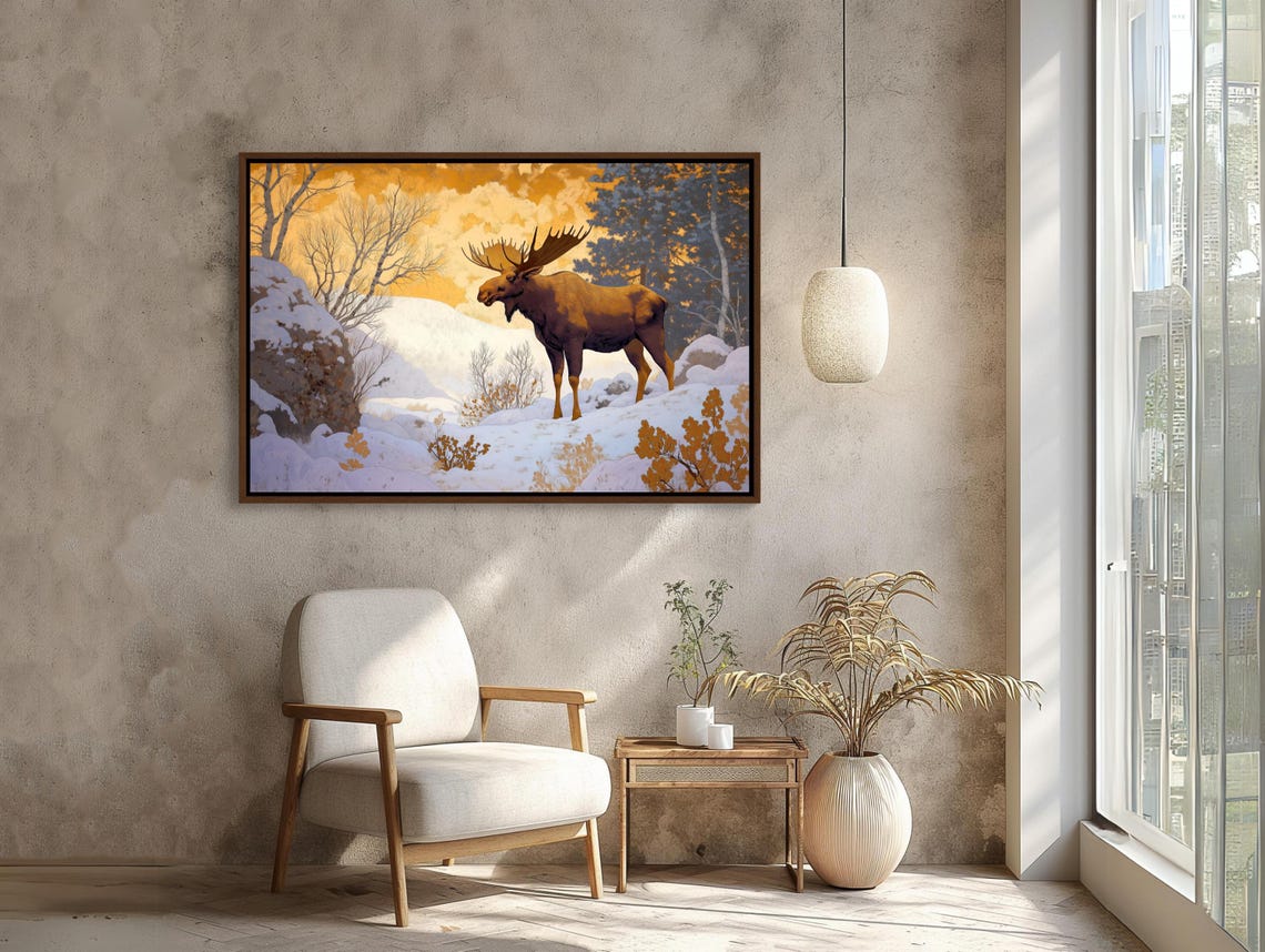 Moose Snowy Winter Glowing Golden Sky Frosted Forest Wildlife Poster - Image 3