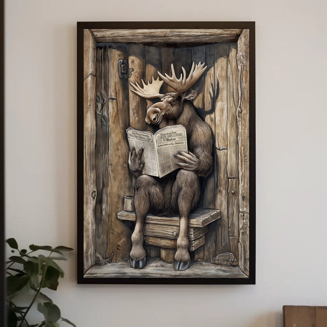 Moose Reading Newspaper on Outhouse Funny Rustic Bathroom Poster - Image 2